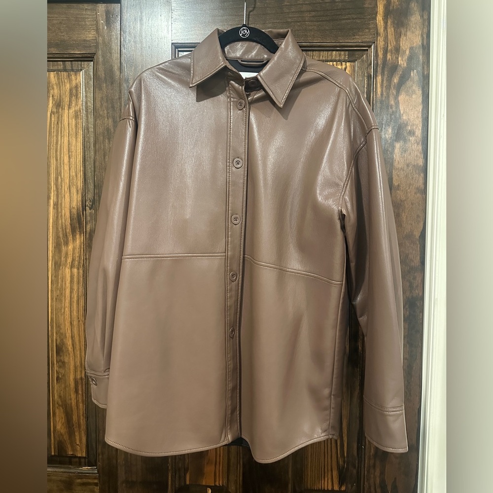 Babaton Brown Faux Leather Shirt Jacket